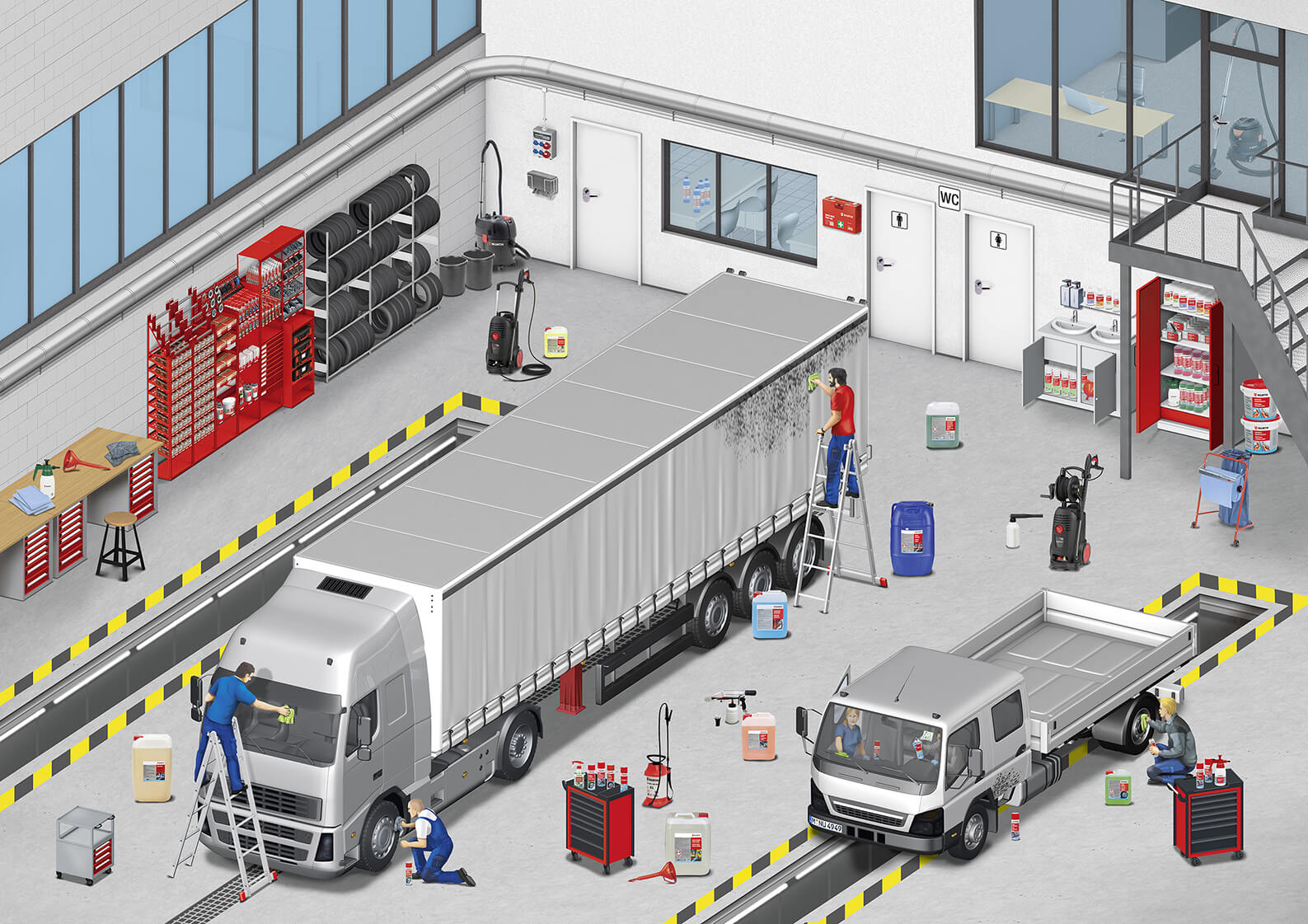 Die Würth Top Produkte für die Nfz- und Werkstattpflege Illustration Nutzfahrzeuge Werkstatt mit Arbeitsstationen