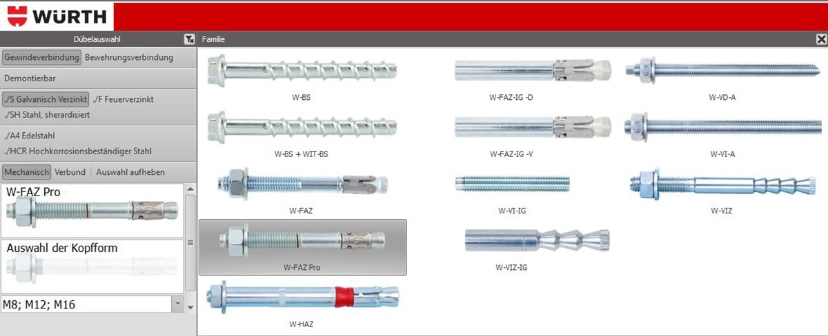Würth Technical Software Dübelauswahl
