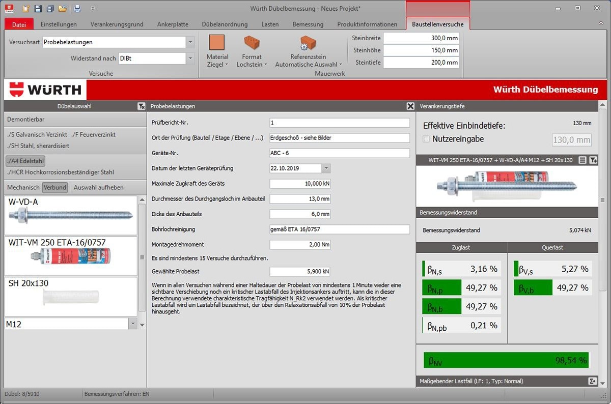 Würth Technical Software Lösungsmöglichkeit 1: Probebelastung