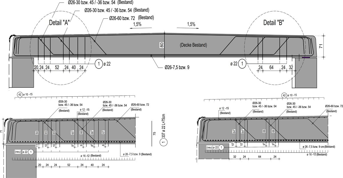 Abbildung 14: Geplante Verstärkung und vorhandene Bewehrung der Platte im Schnitt