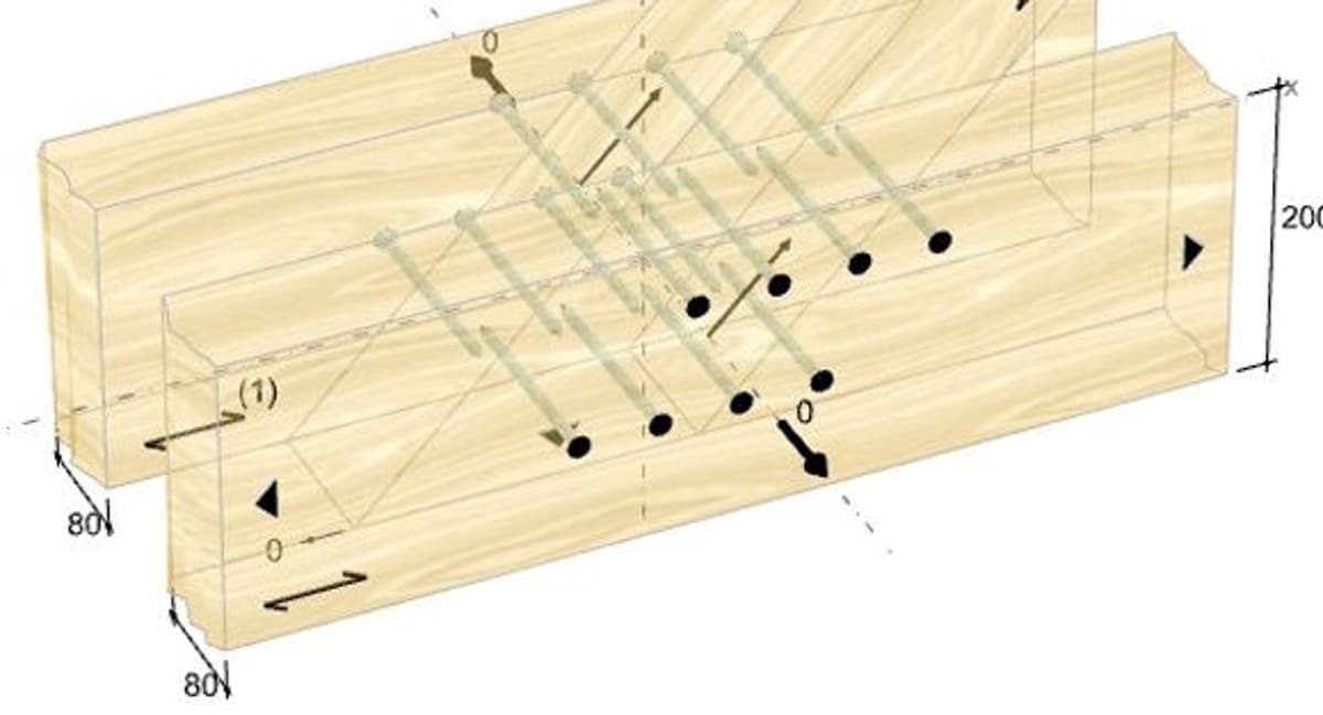 Anschluss eines Zugstabes an einen Fachwerkgurt. Lasteintrag über den Zugstab (Bauteil 2) mit einem Anschnitt parallel zum Träger.