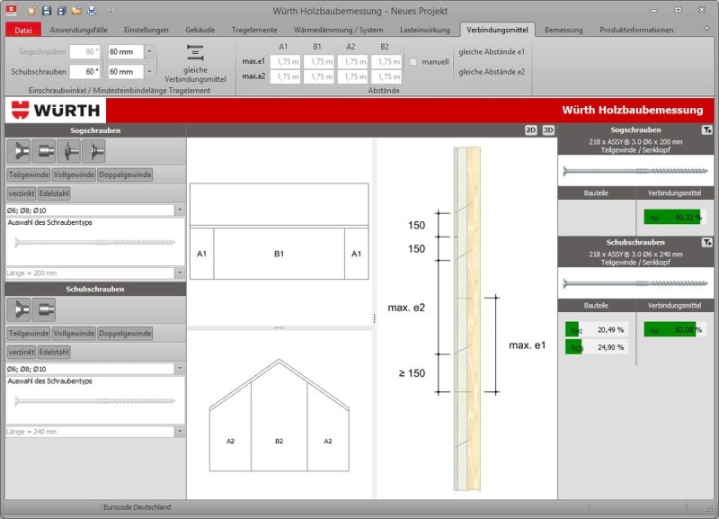 Würth Technical Software II Positionierung und Auswahl der Schrauben im Vertikalschnit