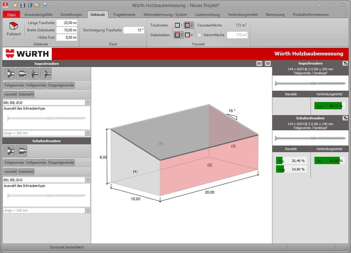Würth Technical Software II Modellierung des Gebäudes und Ermittlung der benötigten Schraubenanzahl