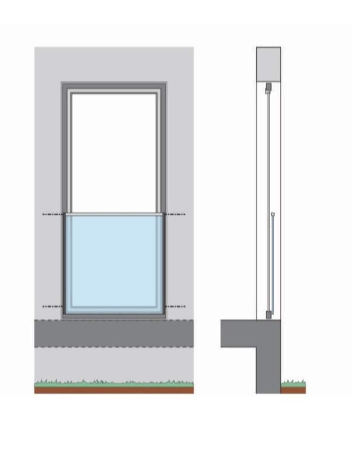 Fenster mit Ganzglas-Absturzsicherung | Befestigung mit W-ABZ unten und auf Holmhöhe
