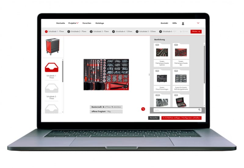 Würth Einrichtungsplaner Notebook mit Bestückung einer Schublade