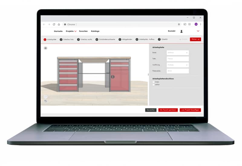 Würth Einrichtungsplaner Notebook mit Einzelartikelkonfiguration im 3D-Modell